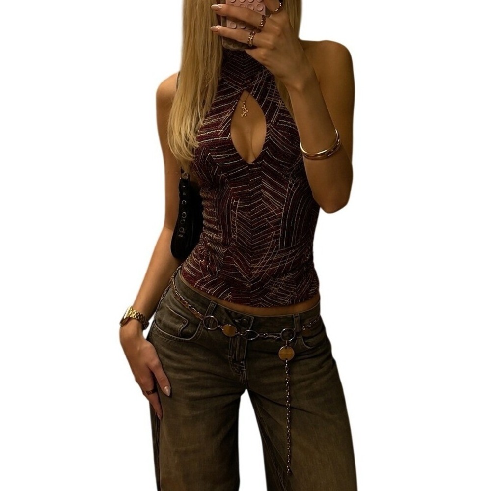 Vintage Y2K Keyhole Top Size Small Burgundy Metallic Paper Tag 2000s Mock Neck
